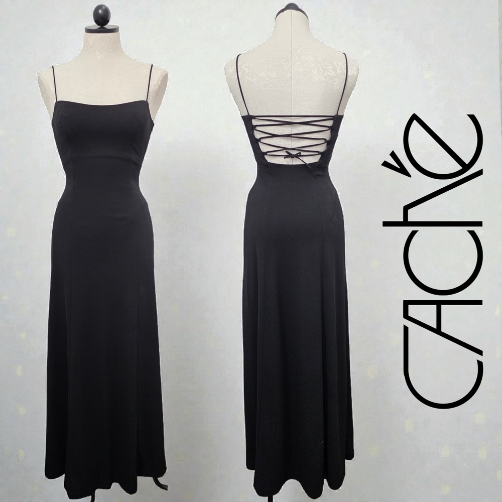 Vintage Gold Label Caché Black Corset Back Maxi Dress 90s Whimsigoth Sirencore P